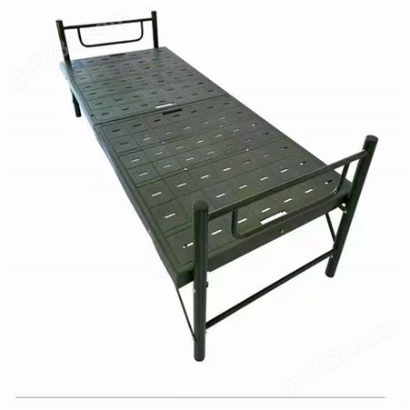 户外军绿色钢塑两折床 便携式折叠床 野外训练钢塑折叠两折床