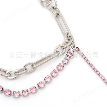 欧美流行粉色钻链搭配黄铜镀弓扣时尚铜手链DIY设计批量订购